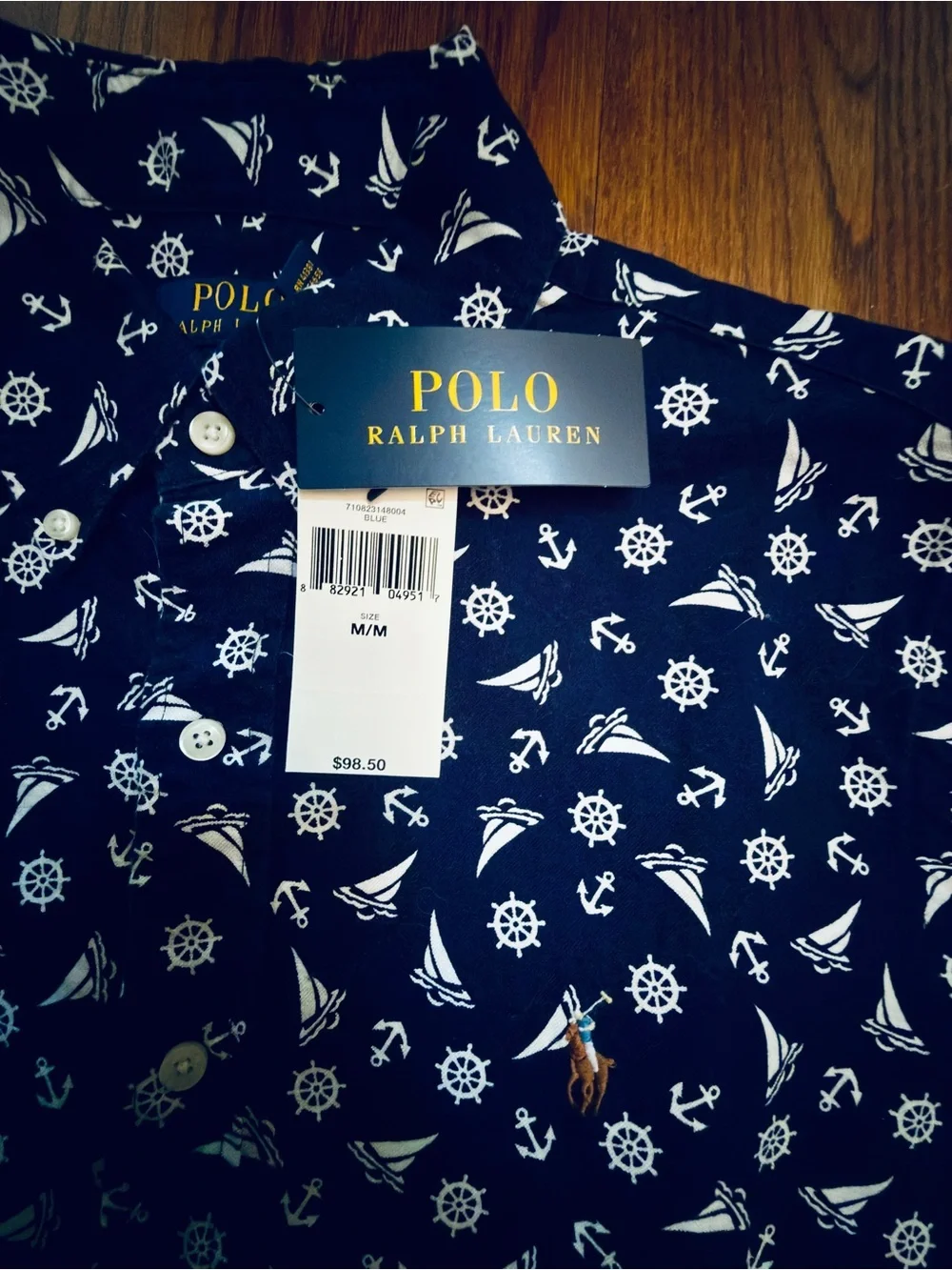 NWT Polo by Ralph Lauren Navy Short-Sleeve Printed Button-Up Shirt - Size M